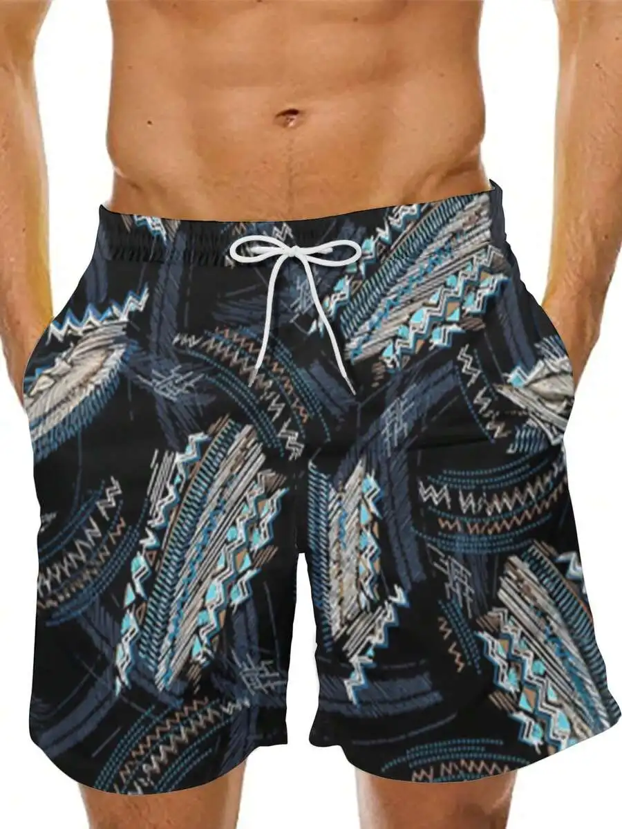 

Mens Retro Beach Shorts With Totem Pattern Black Blue Brown