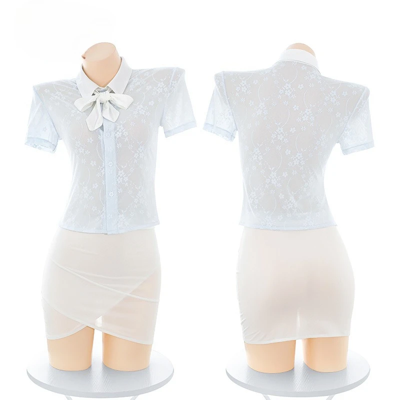 섹시 미스 비서 란제리 여성 레이스 시스루 탑 미니스커트 유니폼 세트 오피스 레이디 코스프레 롤플레잉 포르노 바 유니폼