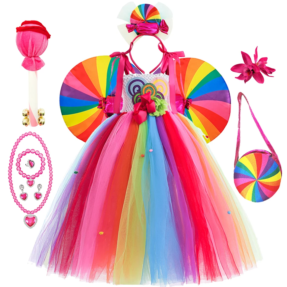 Rainbow Candy Lollipop Costume Kids Tutu Princess Dress Girls Birthday Party Ball Gown Children Carnival Purim Festival Clothing