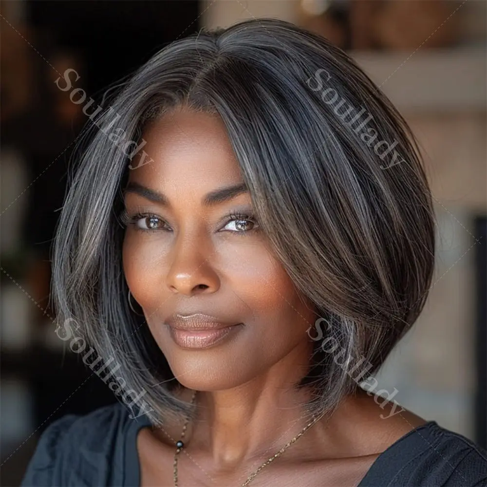 

Soul Lady Glueless Ready To Go Salt And Pepper Wigs Straight Bob Real Human Hair Wigs 4x4 Lace Closure Wigs For Older Women