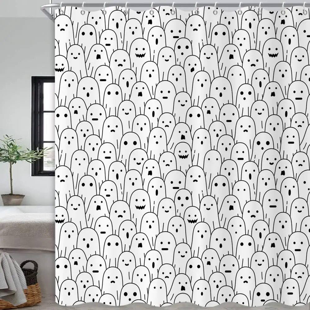 Halloween Shower Curtain, Black and White Funny Ghosts Icons Spooky Cute Halloween Bathroom Curtain Waterproof Fabric