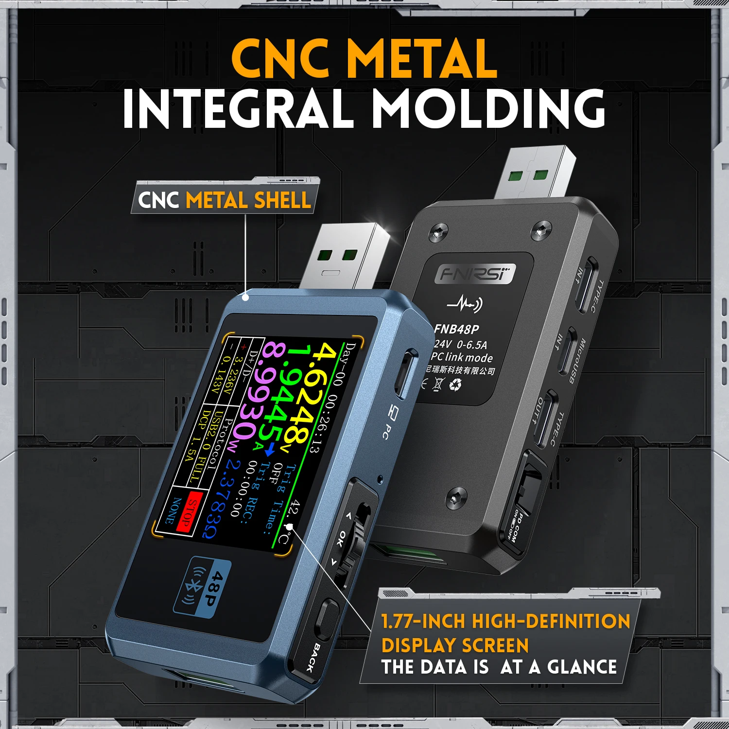 Imagem -05 - Fnirsi Fnb48p Usb Tester Voltímetro Amperímetro Tipo-c Carga Rápida Detecção Gatilho Capacidade Ondulação Medição com Cnc Metal Shell