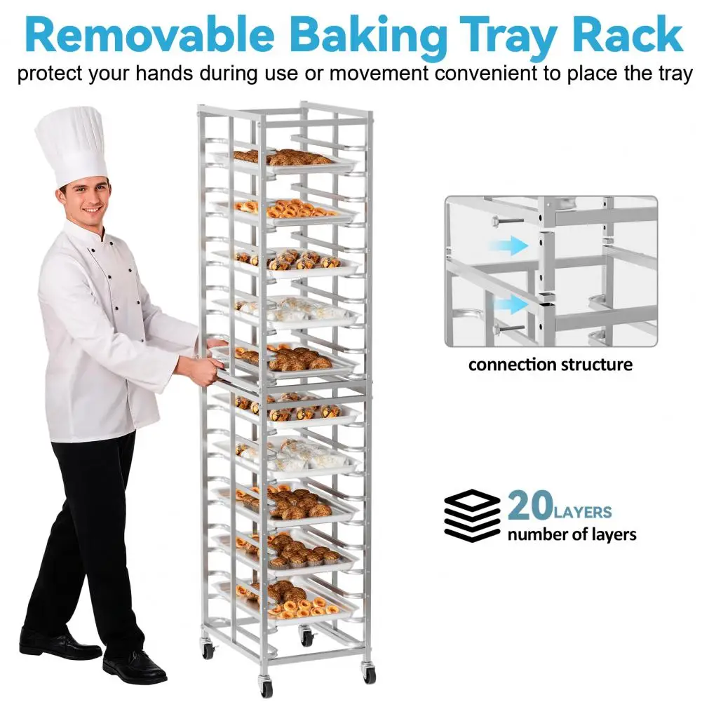 20-Tier Stainless Steel Baking Rack With Wheels, Commercial Pan Trolley, Movable & Detachable Bakery Stand For Oven Bread Pastry