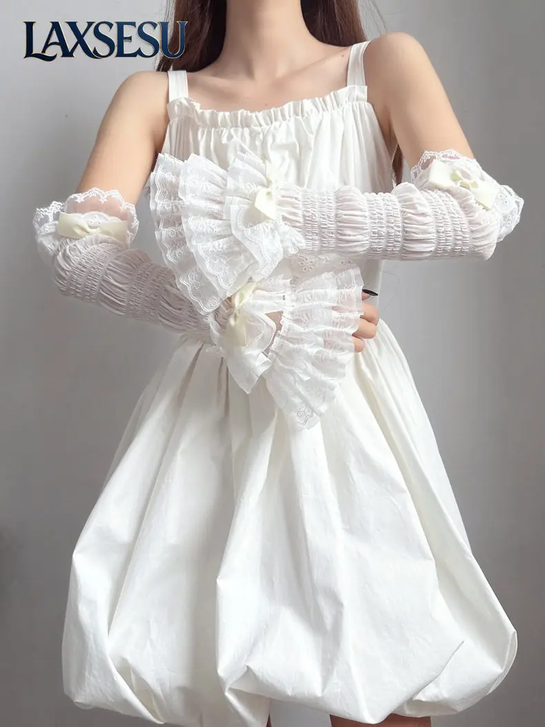 Subcultural Y2k Gloves Japanese Summer Lolita Sweet Versatile Girl Oversleeve Multi Layer Lace Bow Elastic Sunscreen Sleeves