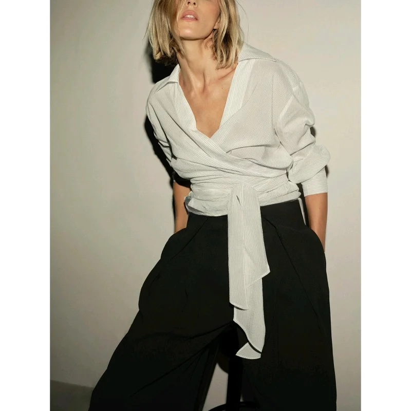 Winter New Women's irt  Knot Belted Double Breasted Long Sve Turn-down Collar Pleated Regular Length Polyester ...