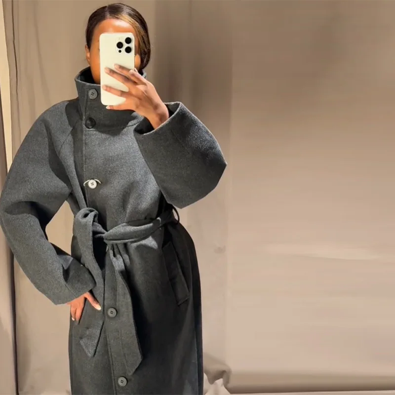 

2025 Autumn/Winter Hot Selling Style Elegant Solid Color Long High Collar Strap Coat for Women