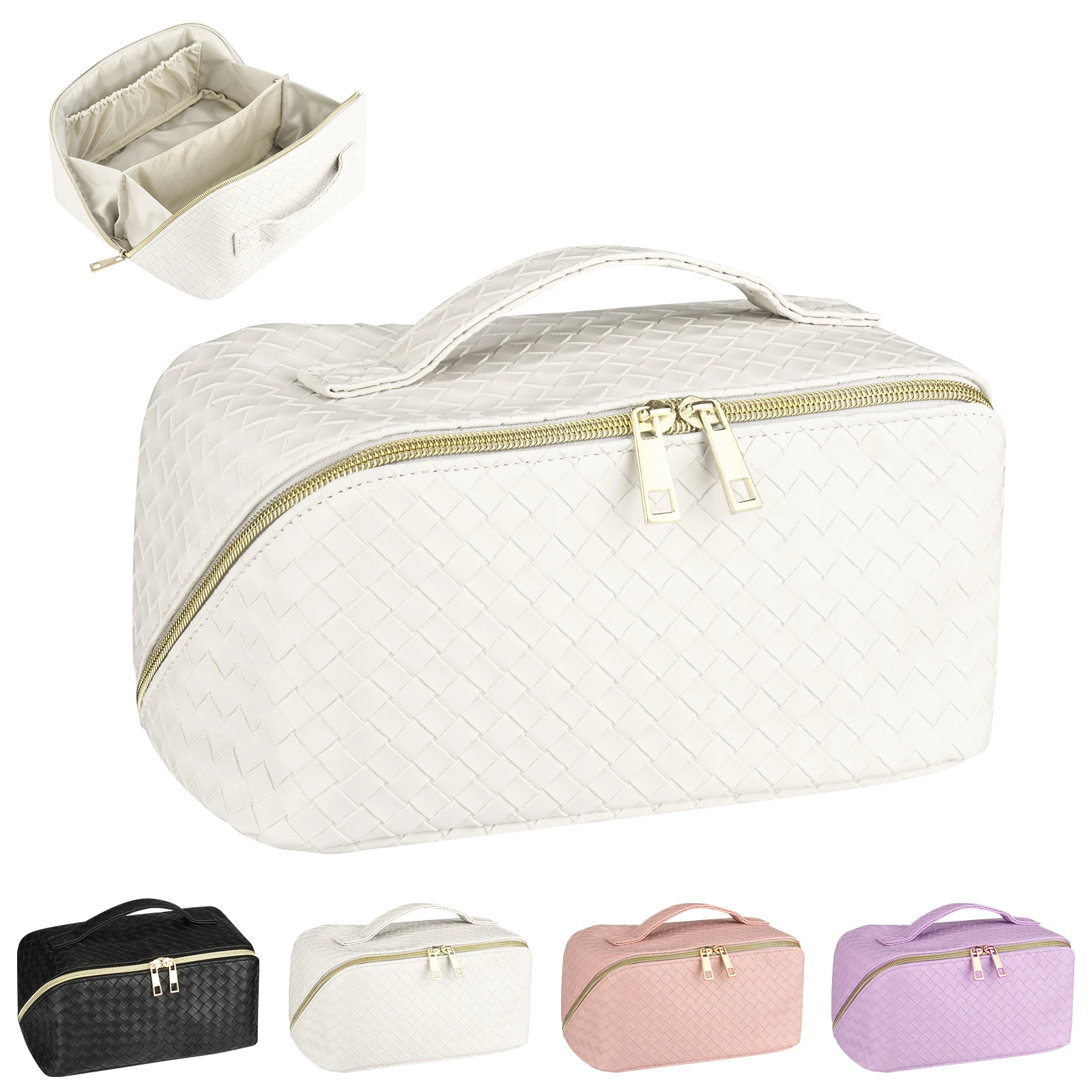 

Дорожная косметичка большой емкости, тканые косметички из искусственной кожи, портативная дорожная косметичка, водонепроницаемый органайзер с ручкой