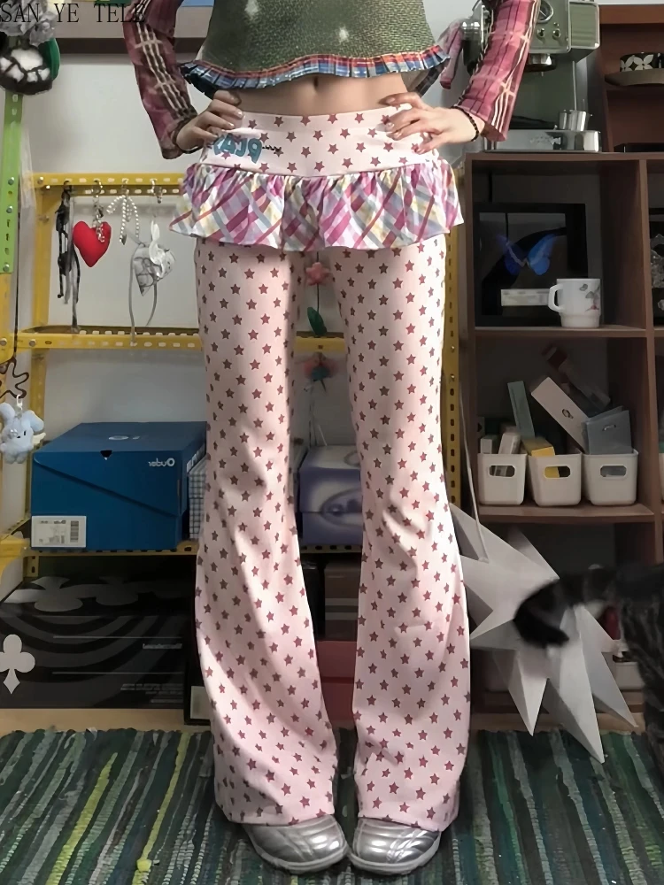 Spodnie w stylu college, urocze, Y2K, długie, damskie, jesienno-zimowe, imitacja dwóch części, spodnie z niskim stanem i rozszerzaną spódnicą, moda Kpop z lat 2000, gyaru.