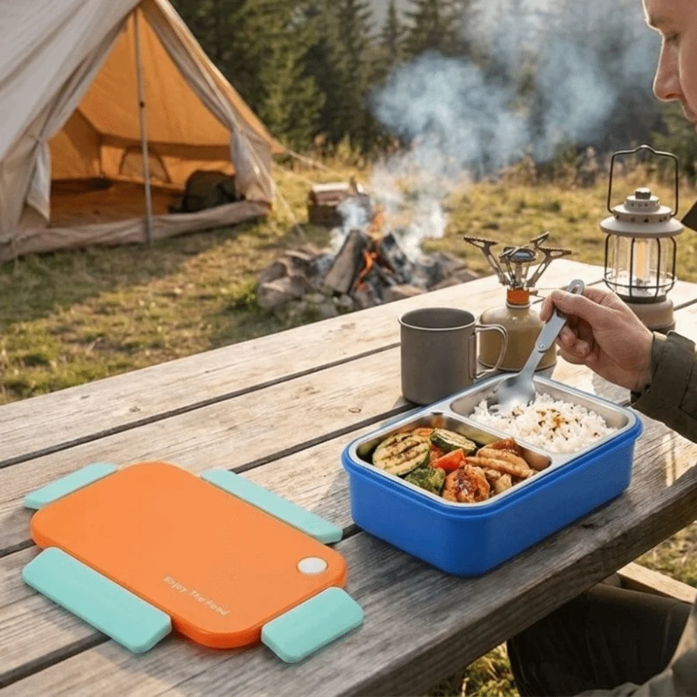 Stainless Steel Portable Lunch Box Large Capacity Leak-proof Seal Divided Compartments Food Box with Tableware 2 Compartment