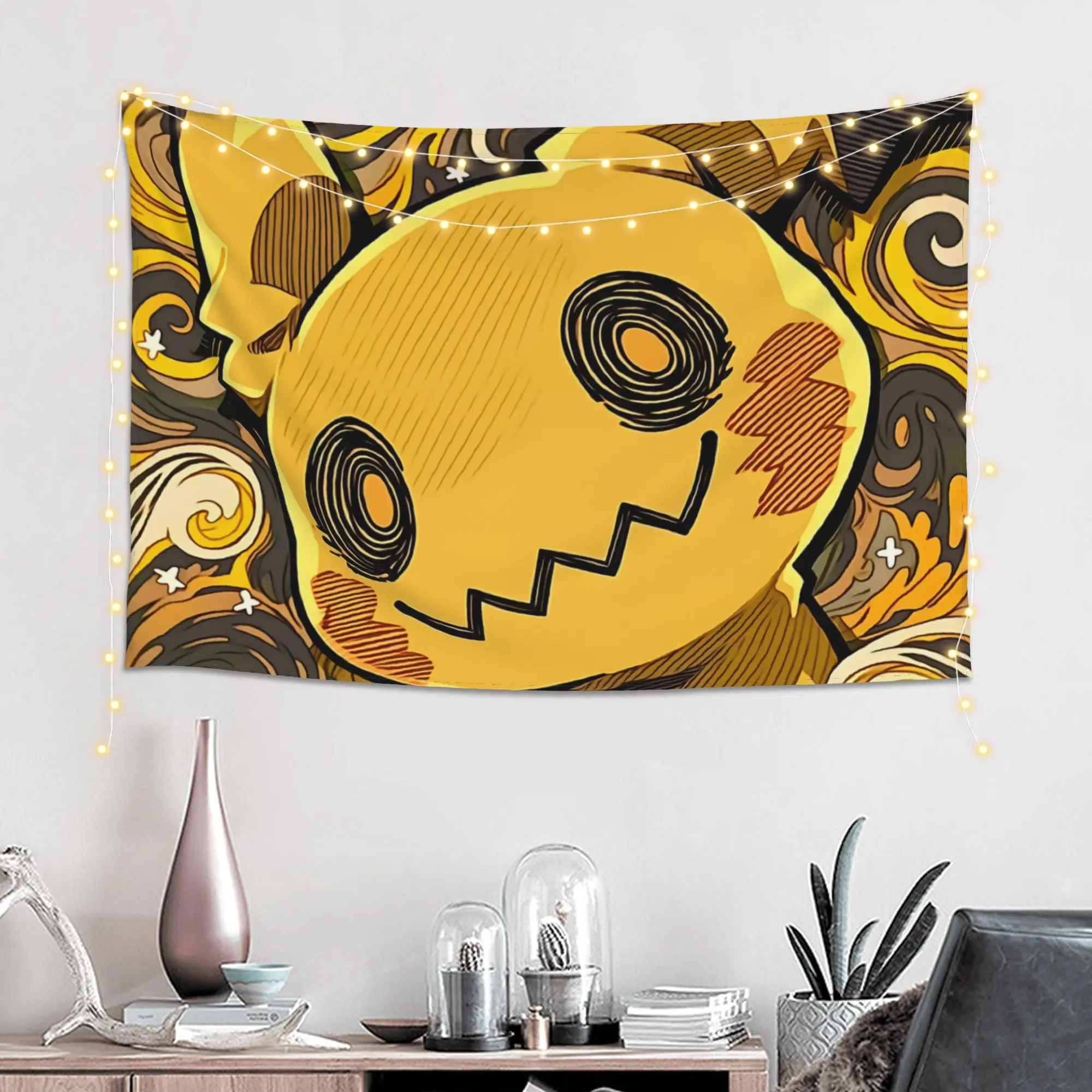 Cutecore Pokemon Mimikyu Antique Yellow Tapestry Bedroom Decoration  Wall Hanging Blanket Tapestry Cool Stuff For Room