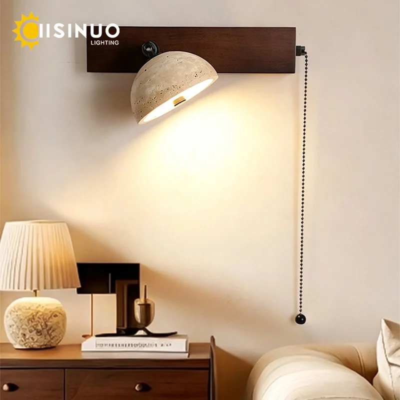 Vintage Travertine Wall Sconce with Pull Chain, 180° Rotatable Natural Stone Dome Wall Lamp, Walnut Wood Horizontal Mount Wall L