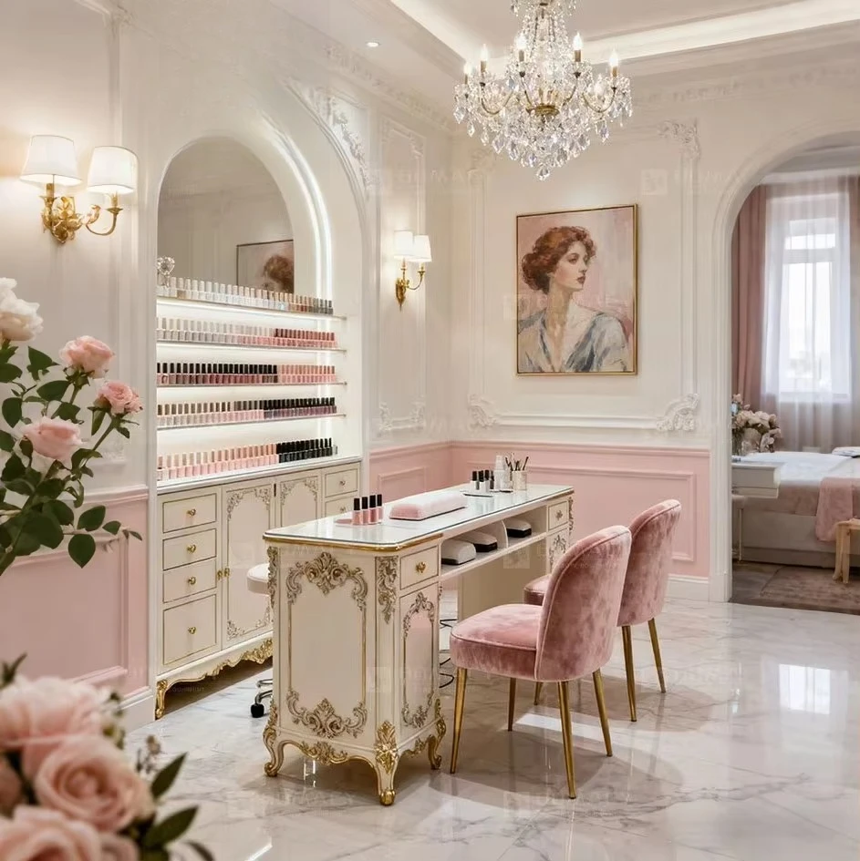 Luxurious Nail Salon Drawer Cream Manicure Table And Chair Set With Fan