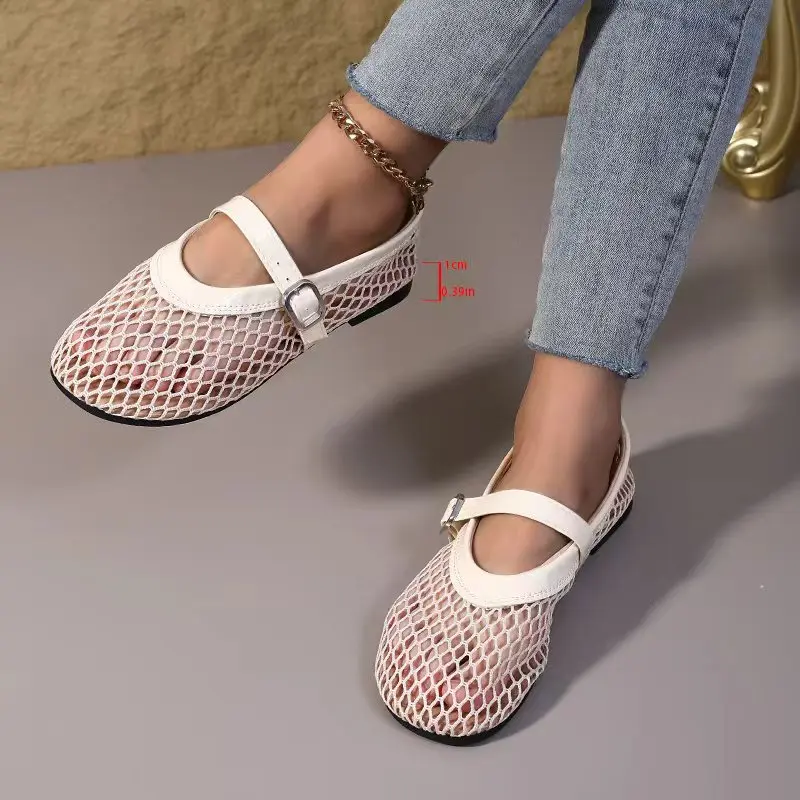 

Women's Round-Toe Woven Mesh Mary Jane Ballet Flats – Single-Buckle Flat Shoes with Hollow-Out Fishnet Design, Casual Footwear