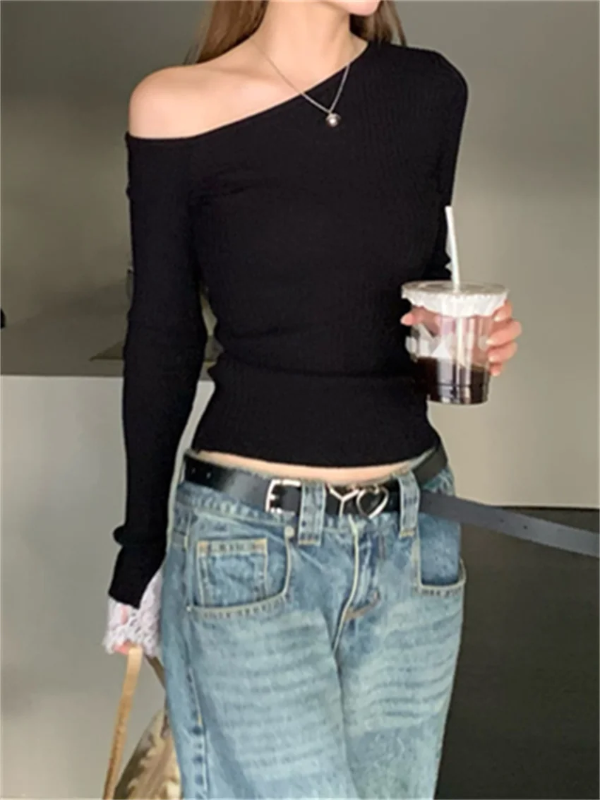 PLAMTEE Gentle Sweaters Office Lady Slim Women Knitted Chic Casual New Skew Collar Patchwork 2025 Lace Daily Pullovers Winter