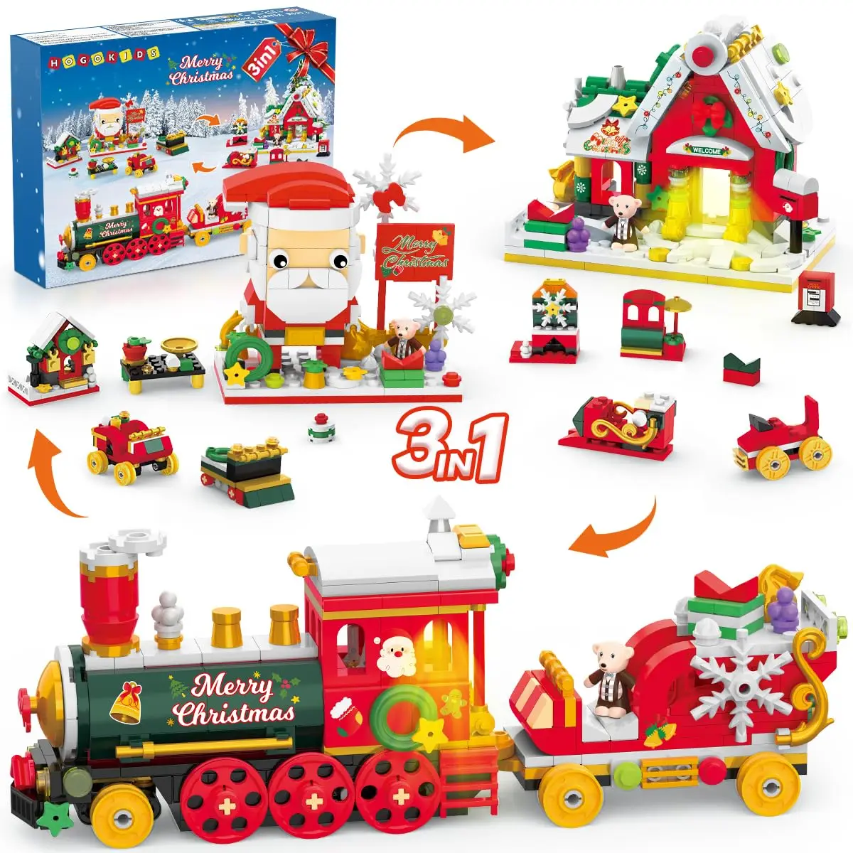 

HOGOKIDS 3-in-1 Christmas Building Set with LED-Holiday Train Santa Claus Xmas House Mini with Xmas Home Decor Gift for Kids 6+