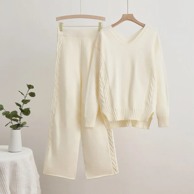 Casual Solid Knitted 2 Piece Sets Women V-neck Long Sleeve Sweater Pullover Tops Conjuntos High Waist Wide Leg Pants Outfit New