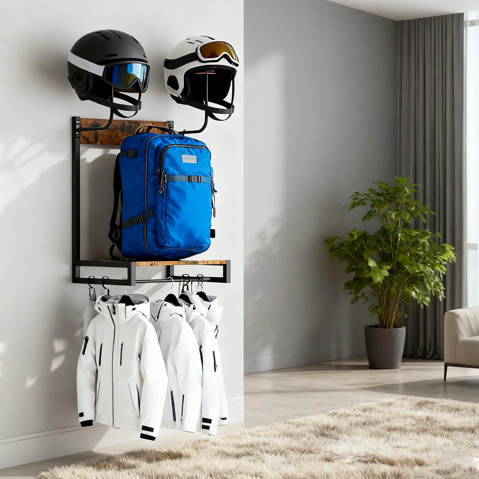 

Wooden Helmet Organizer Rack with Hooks Gear Storage Rack Metal Helmet Stand for Motorcycle Accesories Storage