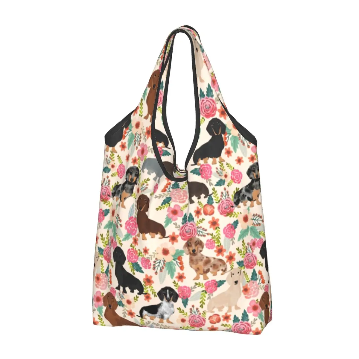 

Custom Kawaii Print Dachshund Floral Dog Patterns Tote Shopping Bags Portable Shoulder Shopper Badger Sausage Handbag