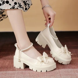 Summer Female Shoes Fashion Mary Jane Round Head Band Heel Shoes Bow Pearl Square Heel Low-top Pumps Women Shoes Tacones Mujer