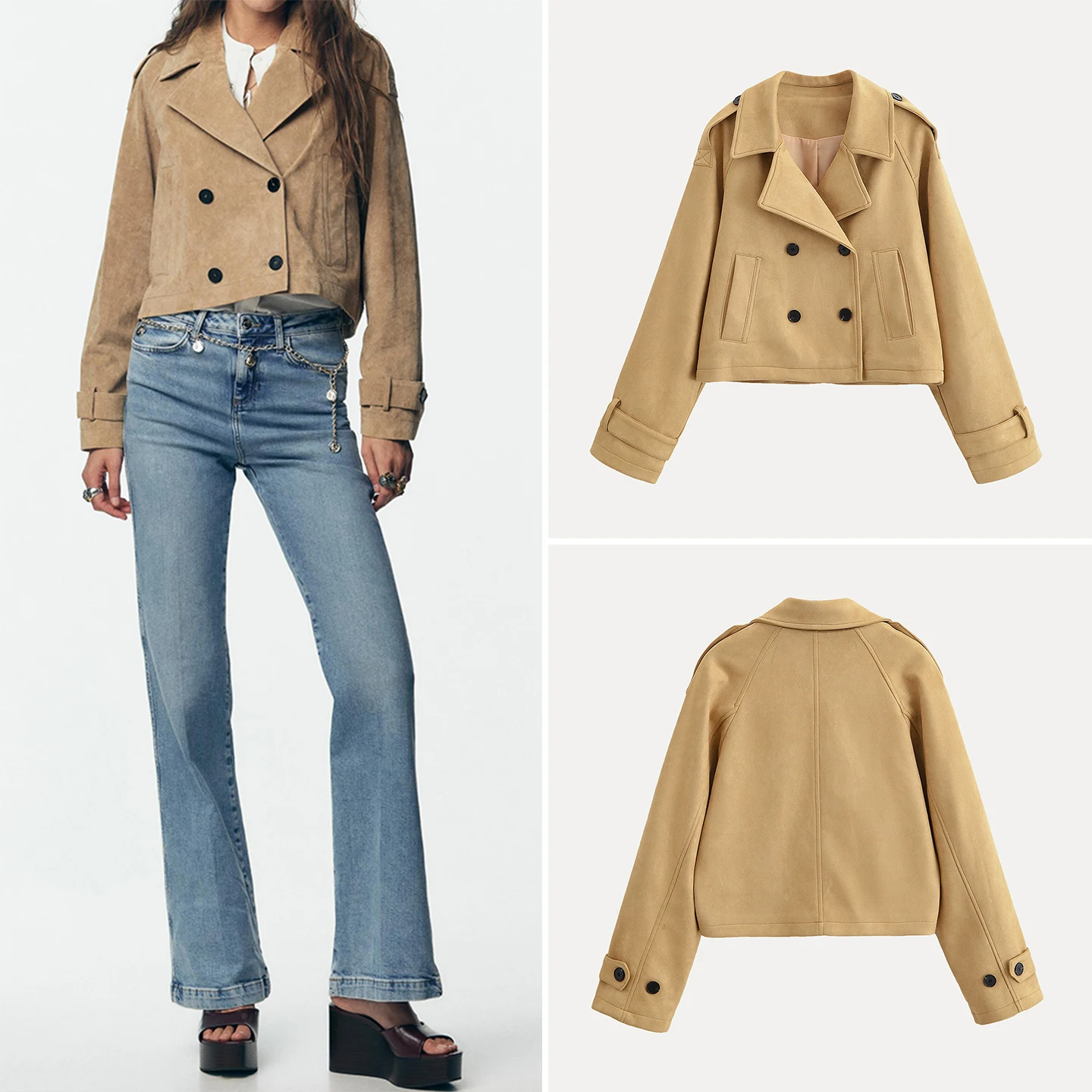 

Ele Khaki Double-Breasted Coat for Women Autumn 2025 Faion Trend Loose Fit ort Outerwear Z Brand