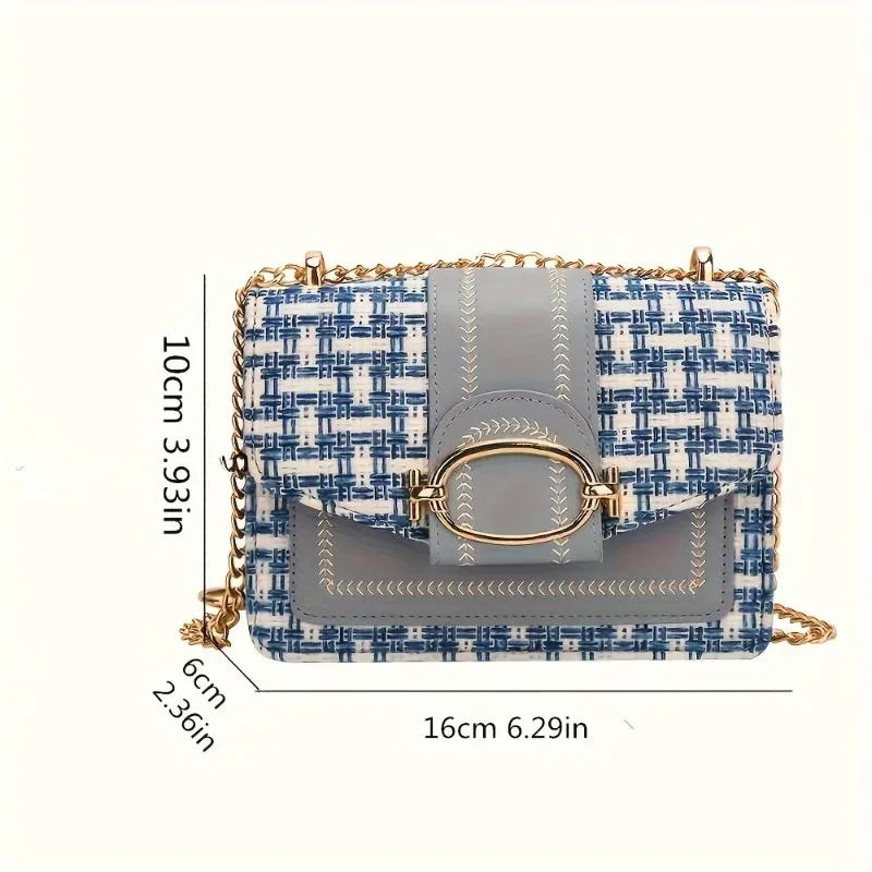 Chic Mini Plaid Tweed Crossbody Bag with Adjustable Strap, Fashionable Buckle Closure - Available in Cream, Green, Blue, Black view 4