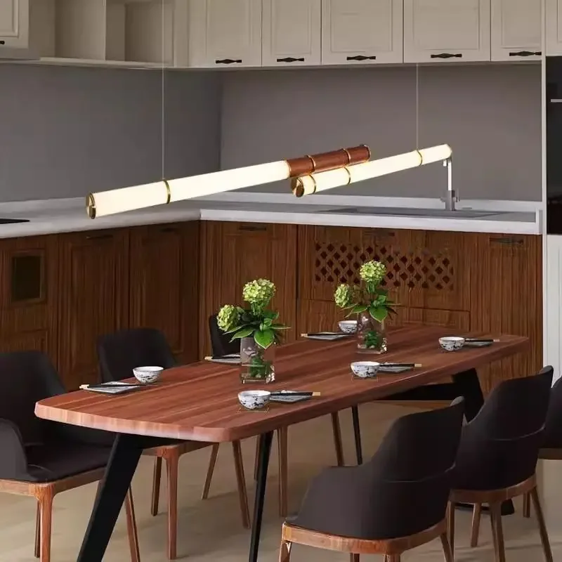 New Retro Restaurant Living Room Bar Long Strip Chandelier Study Office Designer Display Front Desk Wood Grain Lighting Fix