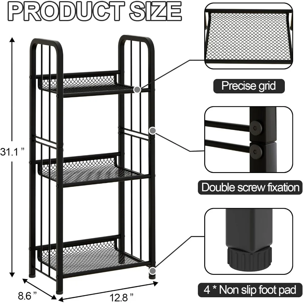 Prateleira de armazenamento de estante preta de 3 camadas para sala de estar, quarto, cozinha - resistente à ferrugem e fácil montagem