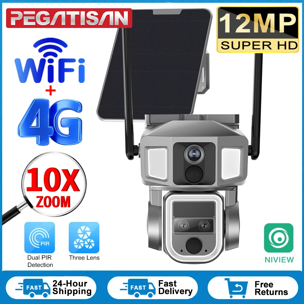 

PEGATISAN 12MP 2 In 1 4G/WiFi Dual Screen Solar Camera Outdoor Three Lens Dual PIR Detection 10X Zoom Auto Tracking CCTV Cameras