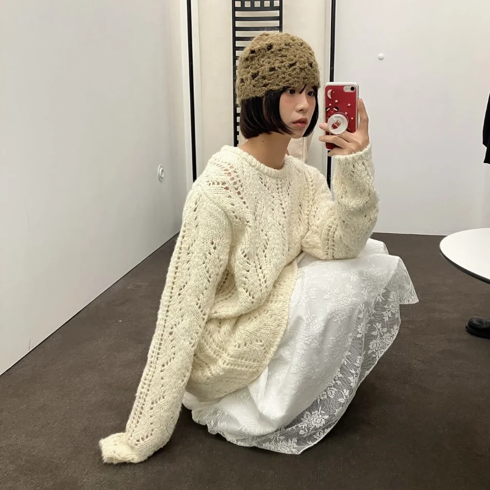 甘い透かし編みのロングニットセーター、ベルト付き、ゆったりとした通勤スタイル、女性用ラウンドネック、ロング丈、カラーニットトップス