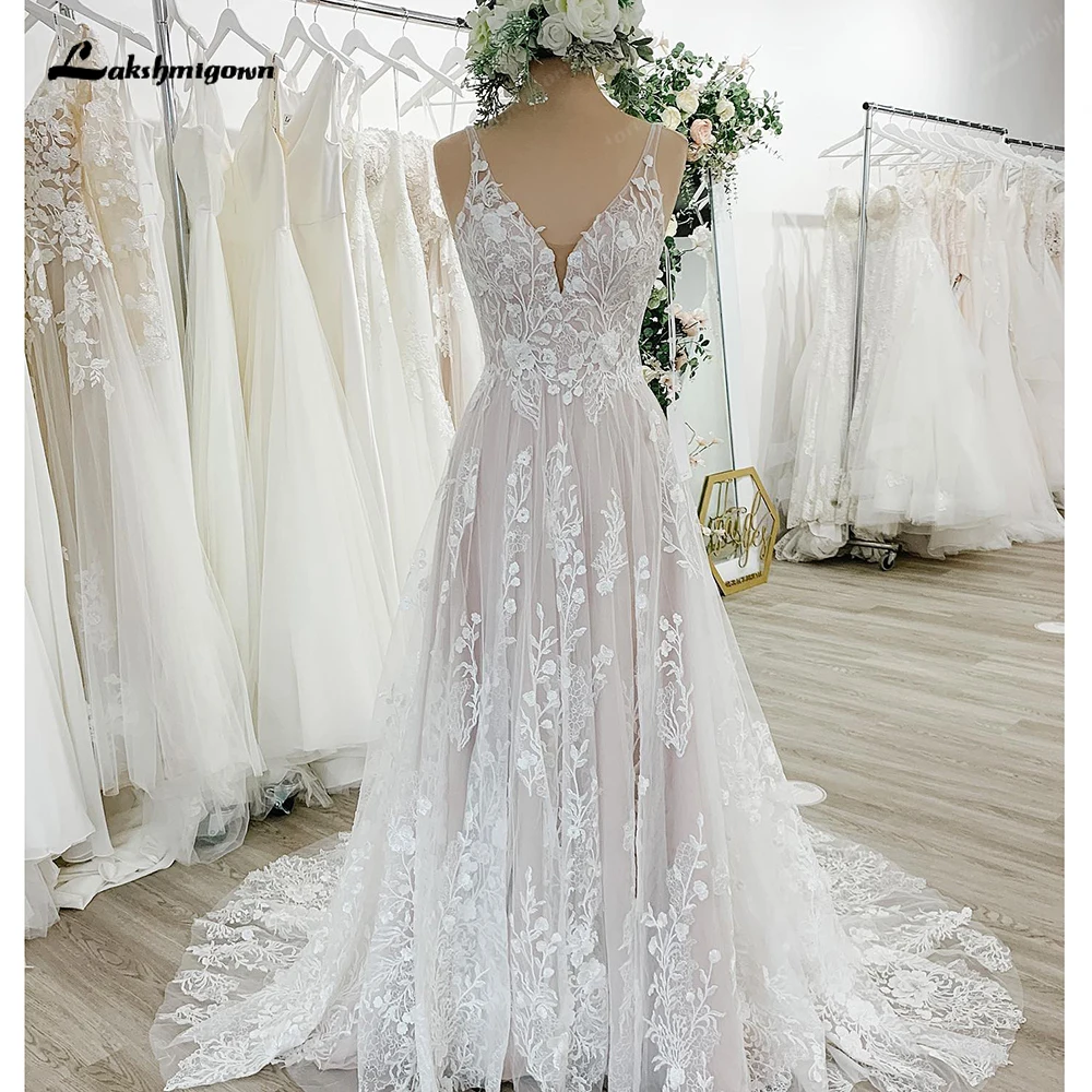 Lakshmigown Beach V Neck Lace Floral Boho Wedding Dress 2024 A Line Wedding Gowns for Bride Open Back vestido bohemio boda