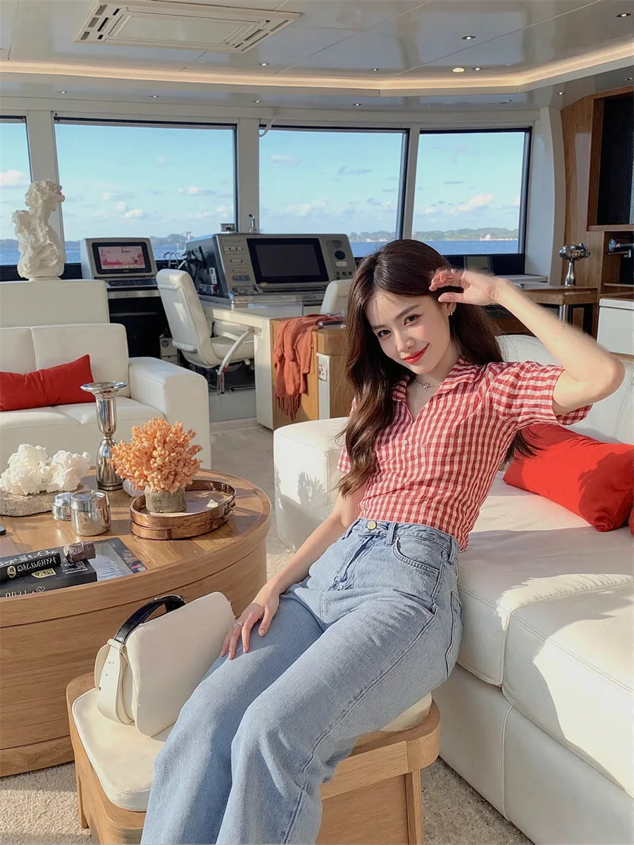 

Plaid Puff Sleeve Shirts Elegant Woman Blouses Clothes Women Spring Streetwear Top Grade Pinned Streak Estampado Urban Sunshine