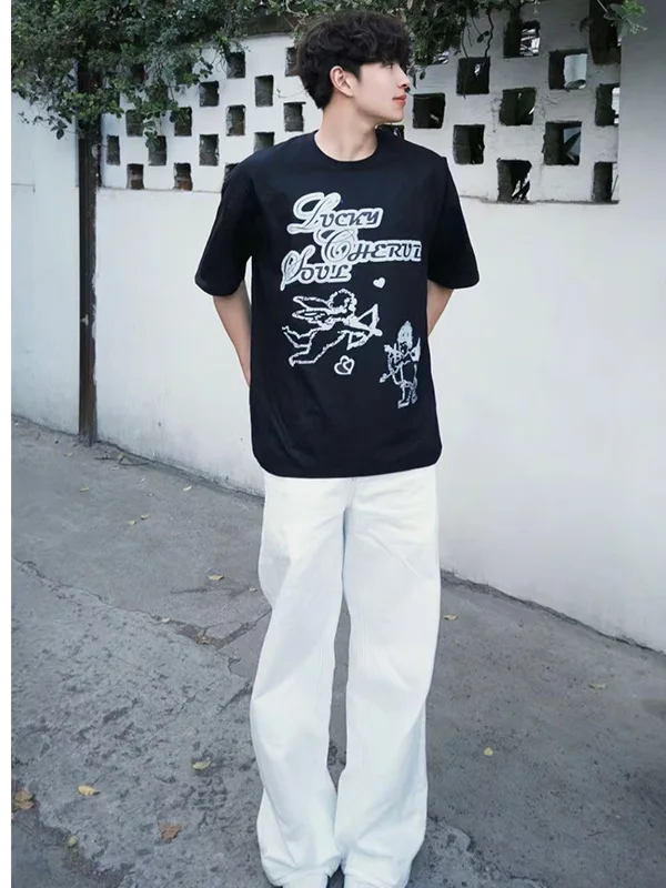 

White Wide Leg Men's Jeans CleanFit American Drapey Knee Length Straight Tube Pants High Waist Slimming Tapered Jeans