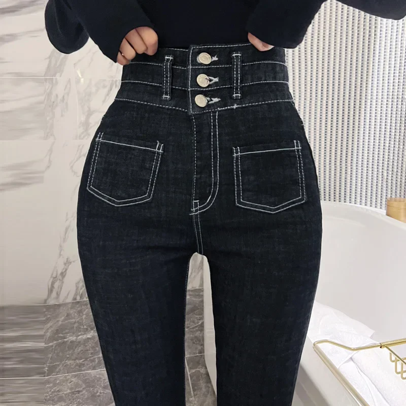 Vintage Black Skinny Jeans Women Button Up Spring High Waisted Chic Elastic Denim Pencil Pants Ladies Summer Sexy Bottoms