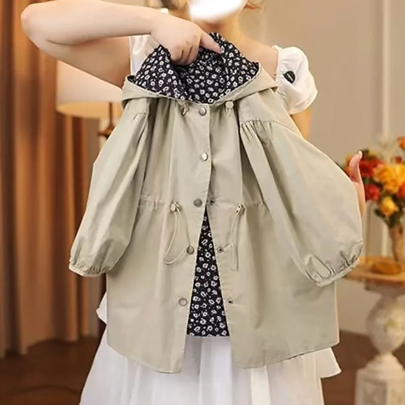 Girls Trench Coat 2026 New Korean Style Floral Print Mid Long Chic Autumn Kids Baby Girl Jacket120-170cm