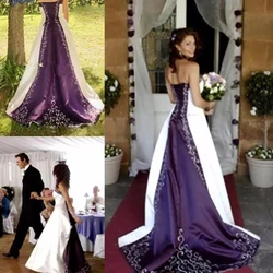 Embroidery White And Purple Wedding Dress Rustic Pastrol Style Strapless Sleeveless A Line Satin Long Bridal Gowns Customized
