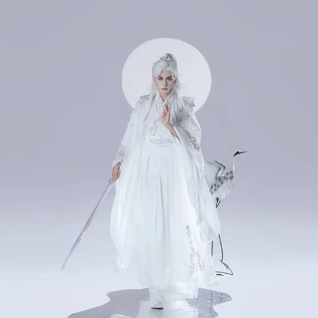 Original Hanfu Men Women Traditional Chinese Fairy Martial Embroidery Suits Halloween Event Cosplay Costume Large Sleeve White