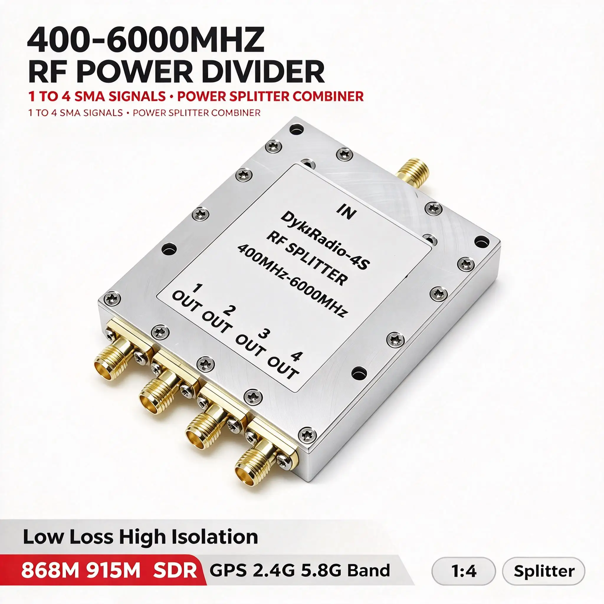 DYKB Wideband Power Divider 1-to-4 400-6000MHz SMA Combiner Splitter for Antenna Distribution RF Testing UWB 2.4G 5.8G