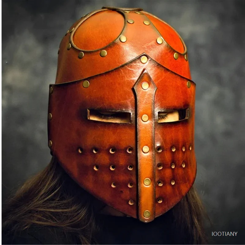 

Medieval Knight Templar Cosplay Crusader Helmet Viking Pirate Warrior Leather Head Armor Mask Hat Soldier Costume Game Accessory