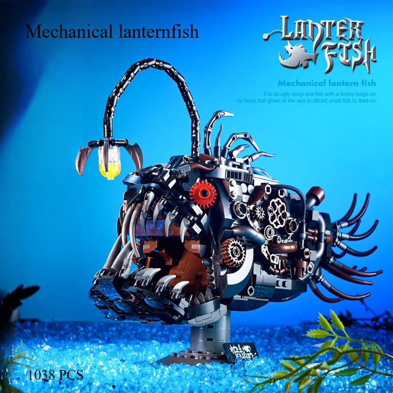 

[1038pcs] Steampunk Anglerfish Building Block Model, 14+, Mechanical Sea Creature Collectible Desktop Decor