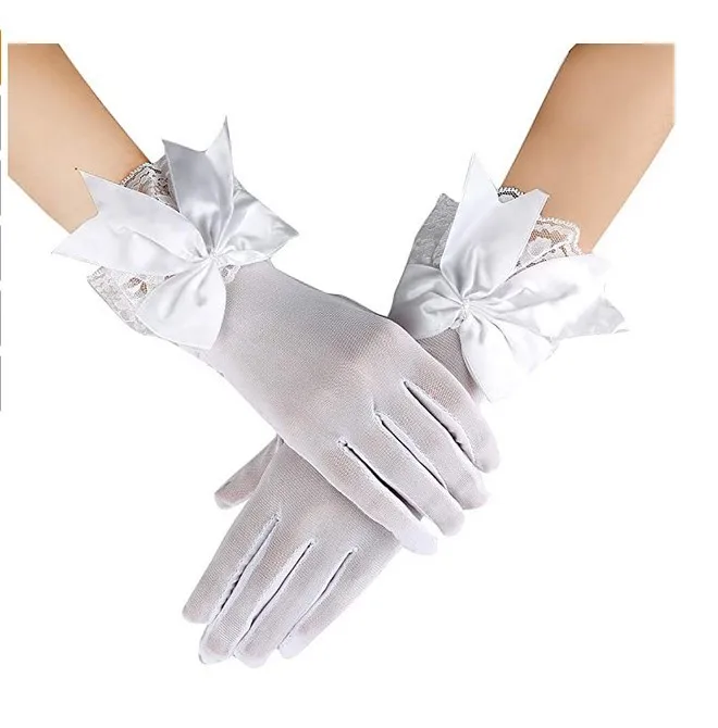 Women Party Bow Lace Gloves Floral Lace Gloves for Bridal Elegant Short Lace Gloves for Tea Party Dinner Funeral