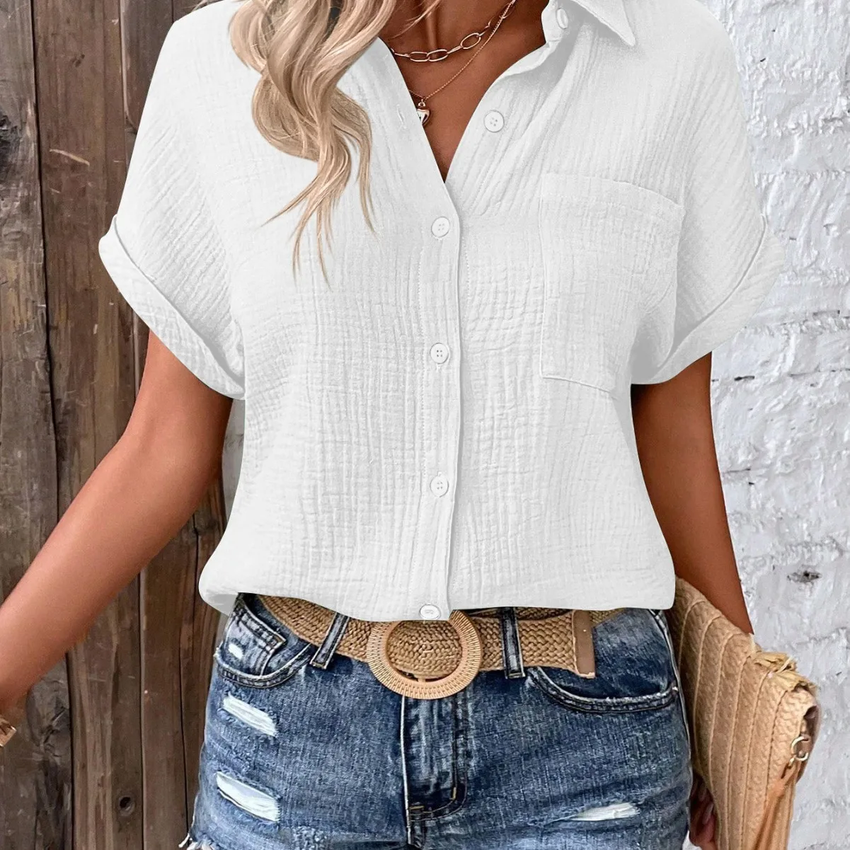 2025 여름 여성 패션 버튼 라펠 반팔 루즈핏 탑 단색 셔츠 여성 데일리 출퇴근 스타일 만능 셔츠