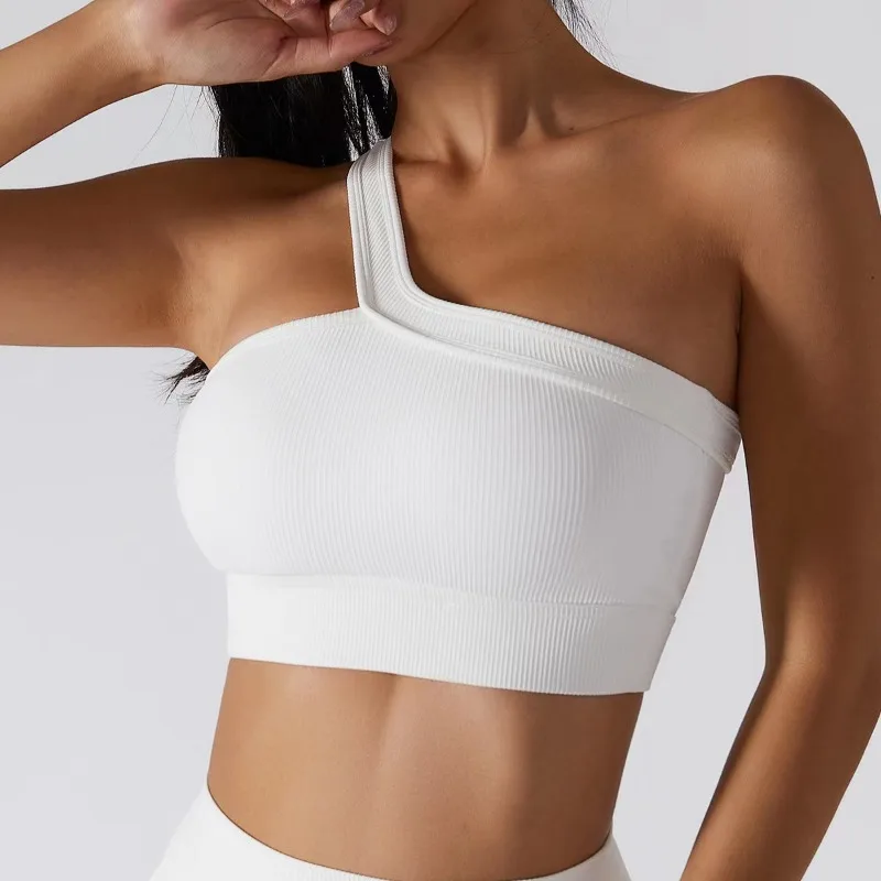 Women Single Shoulder Sexy Yoga Bra Thread Slanted Shoulder Vest Workout Running Seamless Knited Backless Fitness Tank Tops