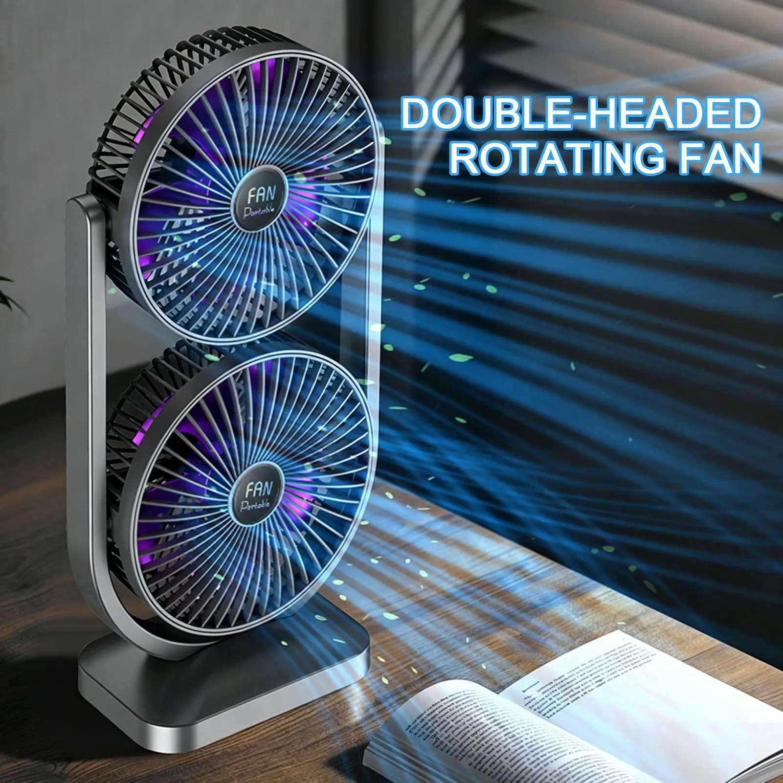 Double Head Desk Fan Rechargeable Portable Quiet Angle Rotation Personal Fan For Bedroom Dorm Home Work Outdoor Sports Sleep