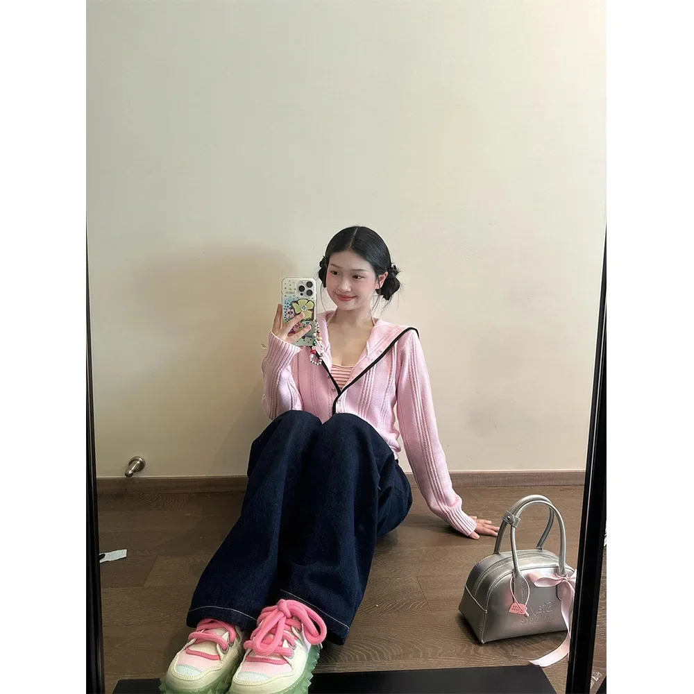 

Women's Slimming Personality Top Polo Collar Pullover from Mainland China Sweet Color Block Navy Collar Knitted Sweater Coat