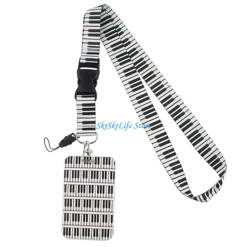 E65E Daily Carry Lanyard Card Sleeve Set with Music Themed Strap, PVC Badge Sleeve and Metal Clip for School and Office Use
