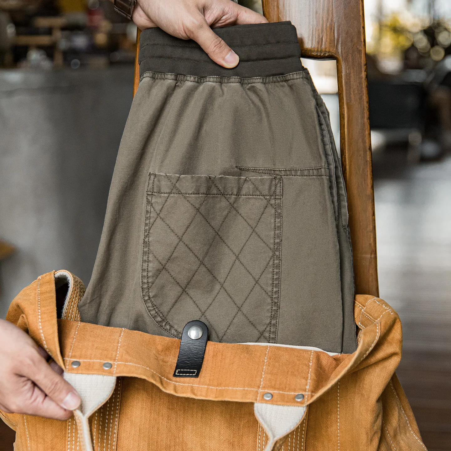 

Мужские винтажные хлопковые потертые брюки Maden, повседневные брюки с эластичной резинкой на талии и шнурком, свободные брюки с манжетами и клетчатым карманом, весна-осень