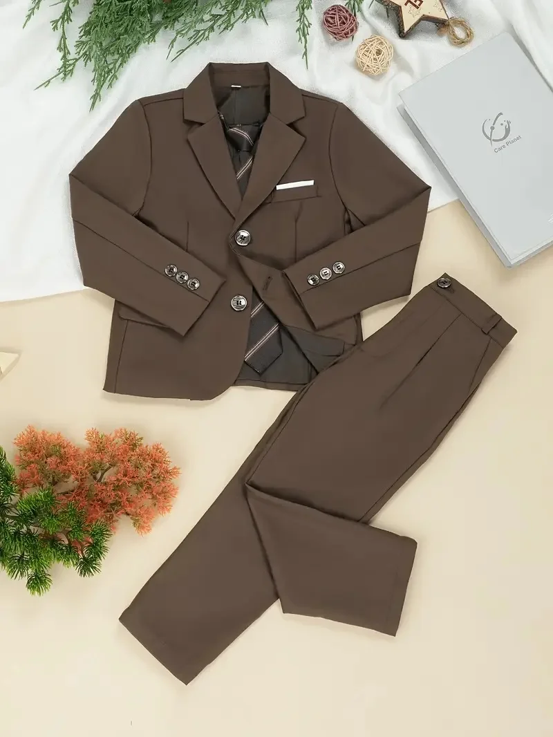 Boys' Suit Set With Jacket Trousers Tie 3Piece Set Suitable for Fashion Shows Emceeing Weddings Flower Girl Parties Banquets