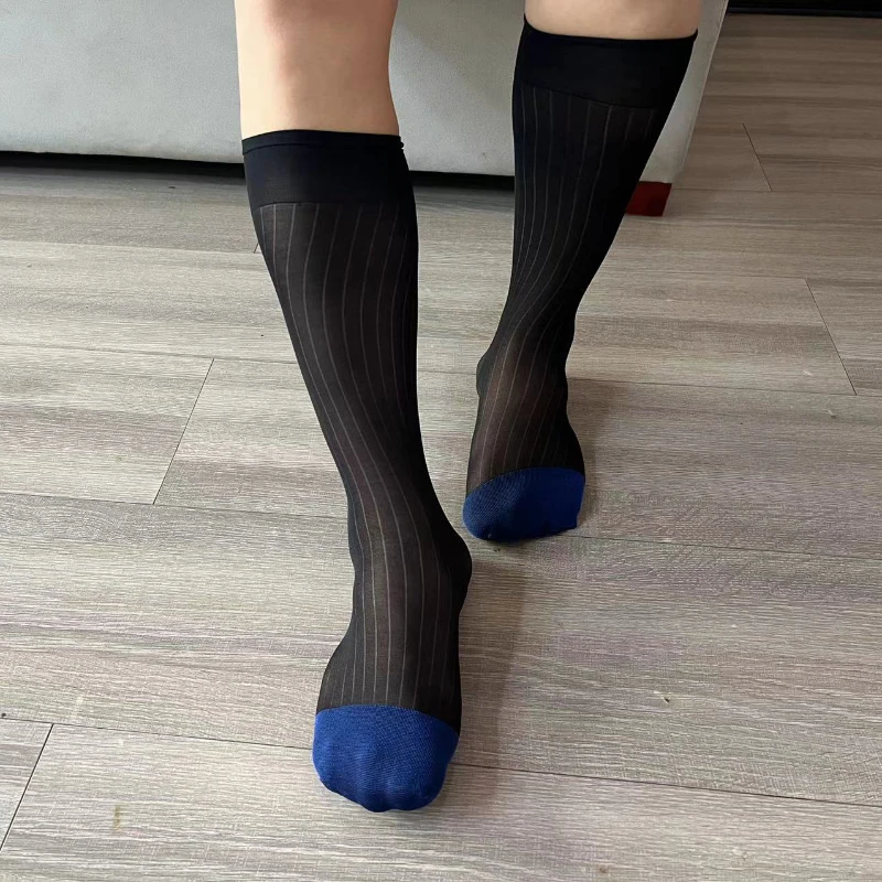 

Blue Toe Black Wide Striped Men's Business Suit Medium Length Nylon Formal Silk Stockings