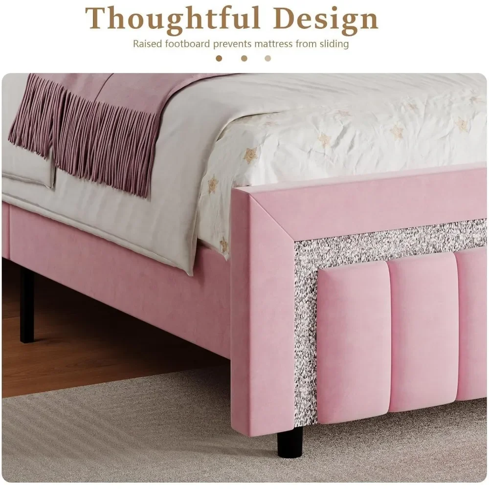 Twin Bed Frames with Headboard, Pink Upholstered Bed Frame with Velvet Vertical Channel Diamond Headboard, Twin Bed Frames