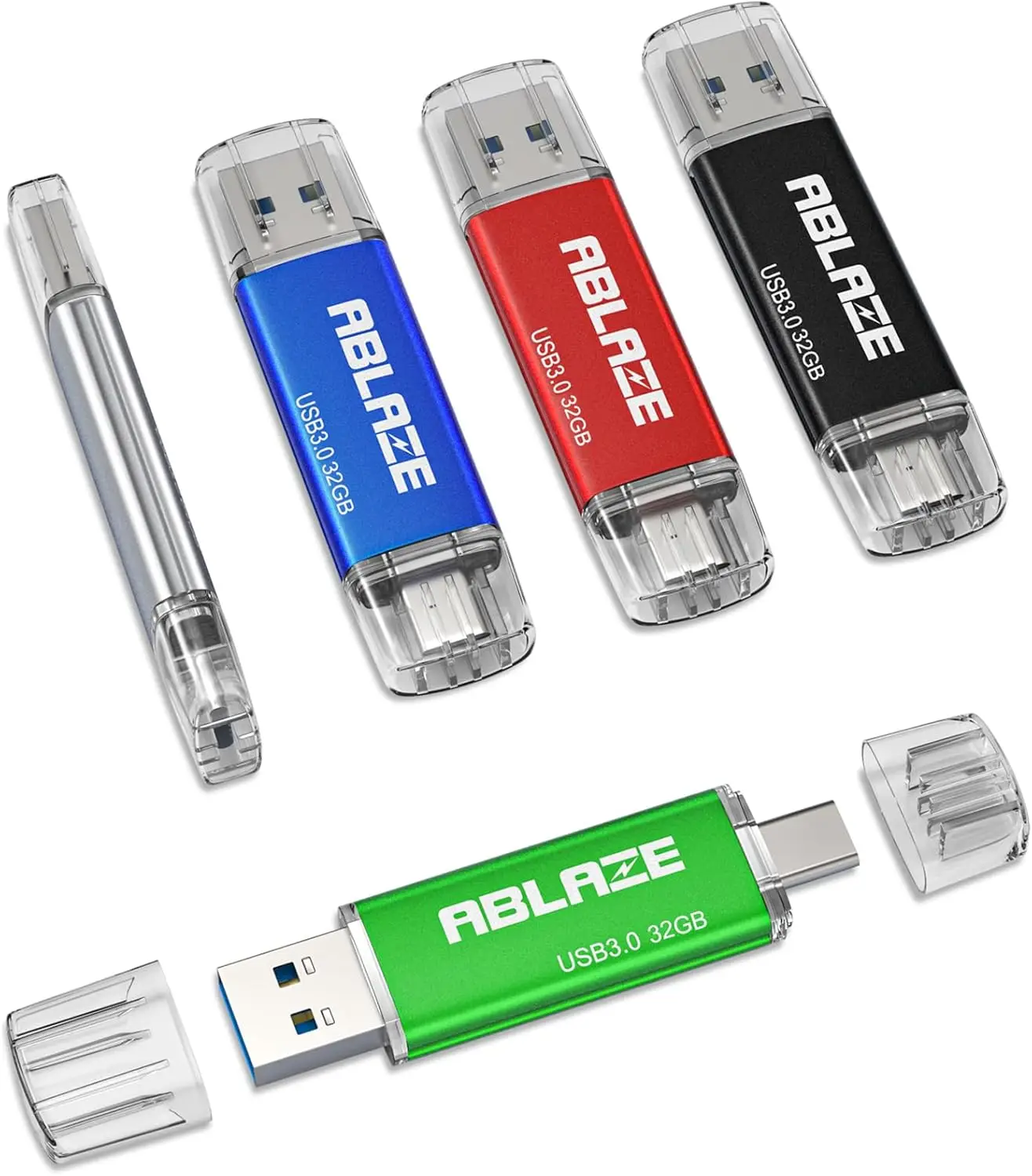 

32GB 5-Pack Dual USB 3.0+Type C Flash Drive for iPhone 16/15, Android, Computer, Tablet, Mac Laptop